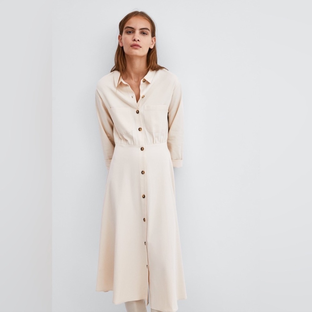 Zara Button down Cream Midi Shirt Dress Size S